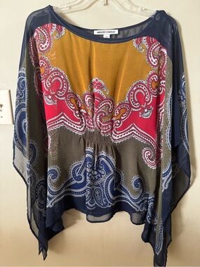 Andrew Charles Multicolor Paisley Lined Boho Poncho- Navy, Red & Mustard, Sm EUC